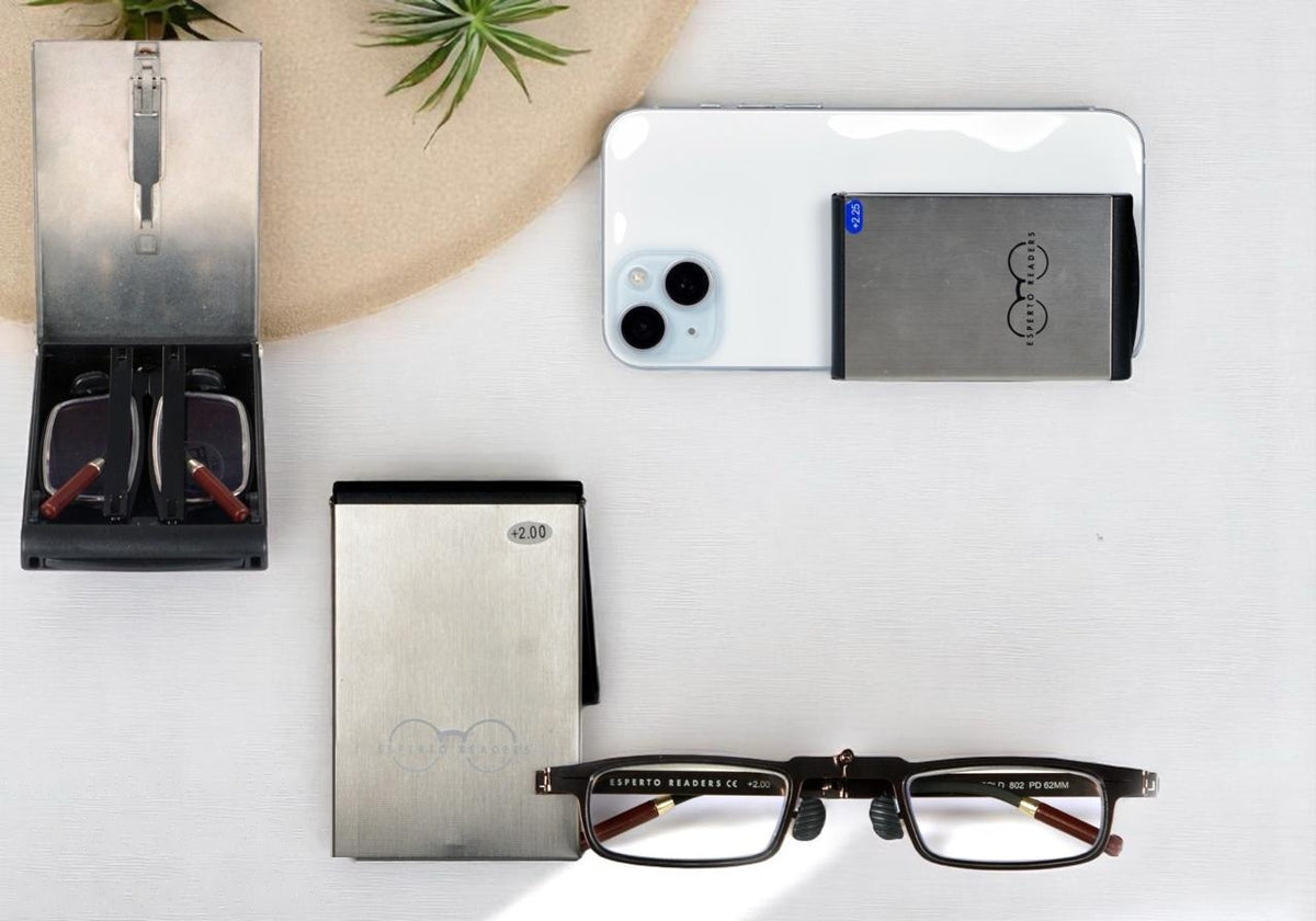 Esperto Slimfold Brown foldable reading glasses with blue cut lenses and stick-on phone case