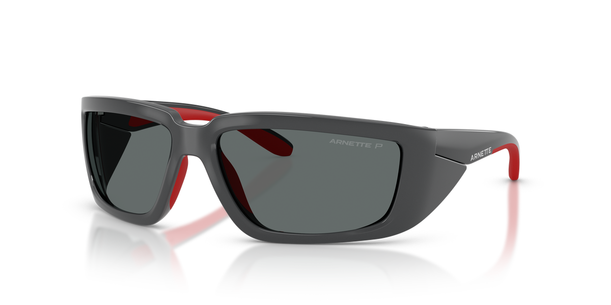 Arnette AN4355 Taggit Sunglasses in 284181 Dark Grey/Red Rubber / Polarized Dark Grey lens