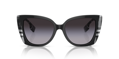 Burberry BE4393 Meryl Sunglasses in 40518G Black/Check White Black / Grey Gradient lens, front view