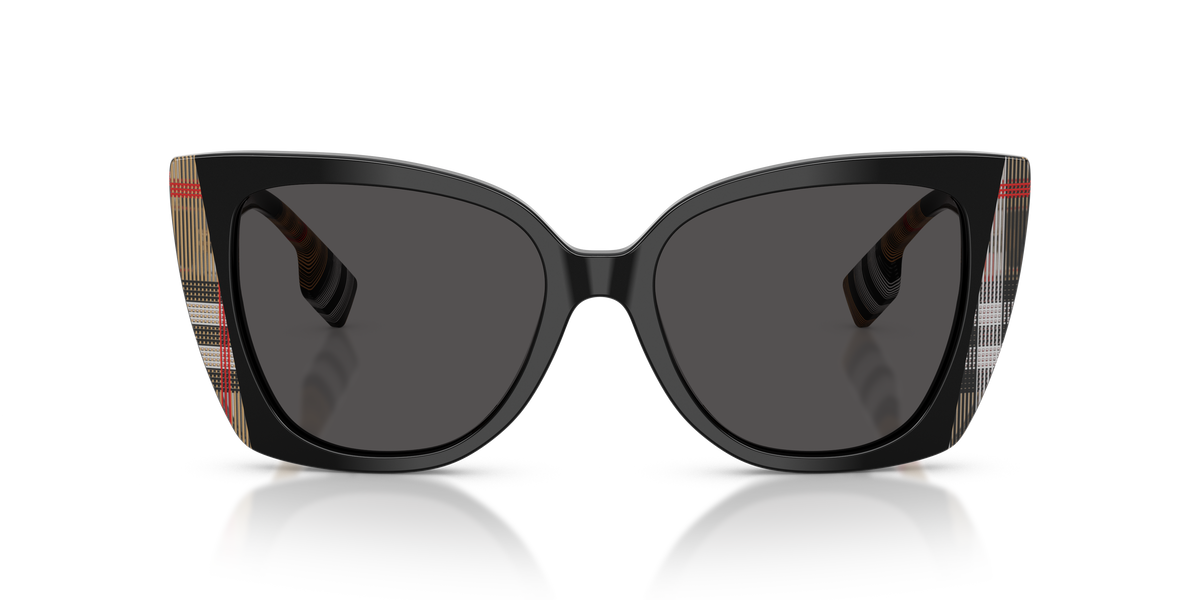 Burberry BE4393 Meryl Sunglasses in 405587 Black/Vintage Check / Dark Grey lens, front view
