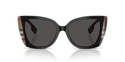 Burberry BE4393 Meryl Sunglasses in 405587 Black/Vintage Check / Dark Grey lens, front view