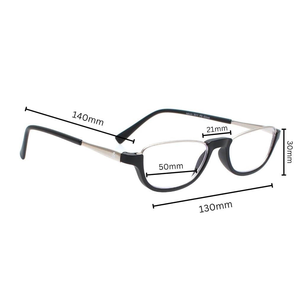 Esperto Saturn Black blue cut reading glasses, frame measurements