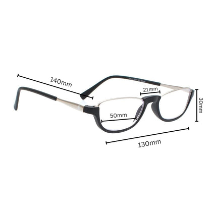 Esperto Saturn Black blue cut reading glasses, frame measurements