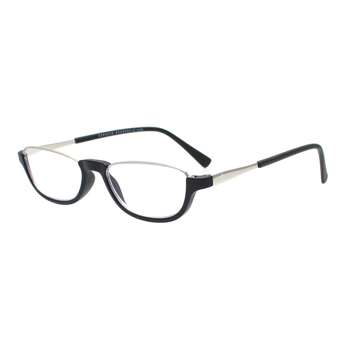 Esperto Saturn Black blue cut reading glasses, angled view