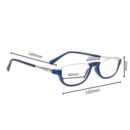 Esperto Saturn Blue blue cut reading glasses, frame measurements