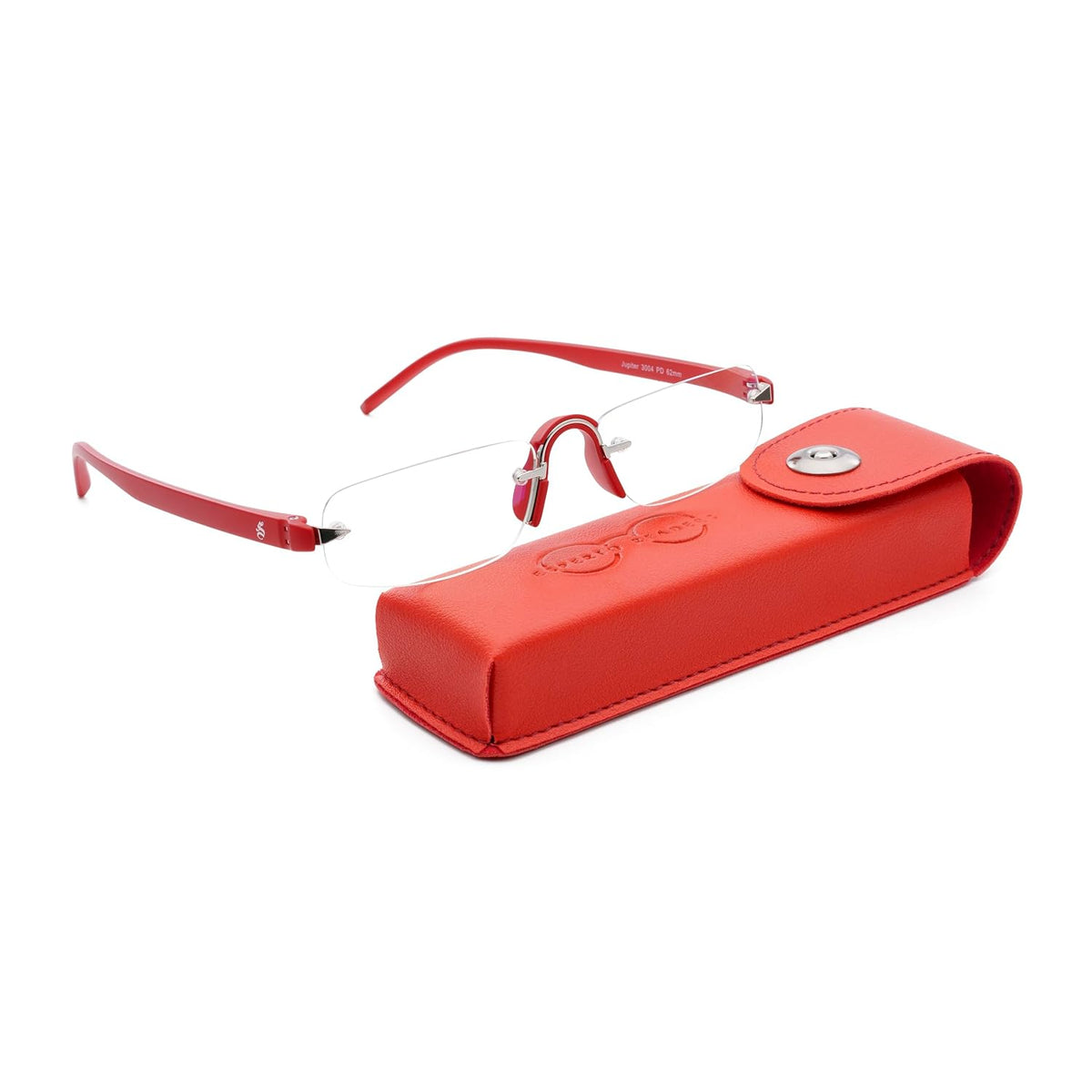 Esperto Jupiter Red rimless blue cut reading glasses with soft carrying case