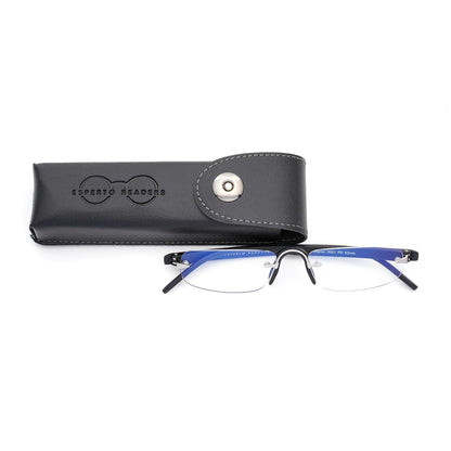 Esperto Jupiter Black rimless blue cut reading glasses with soft carrying case