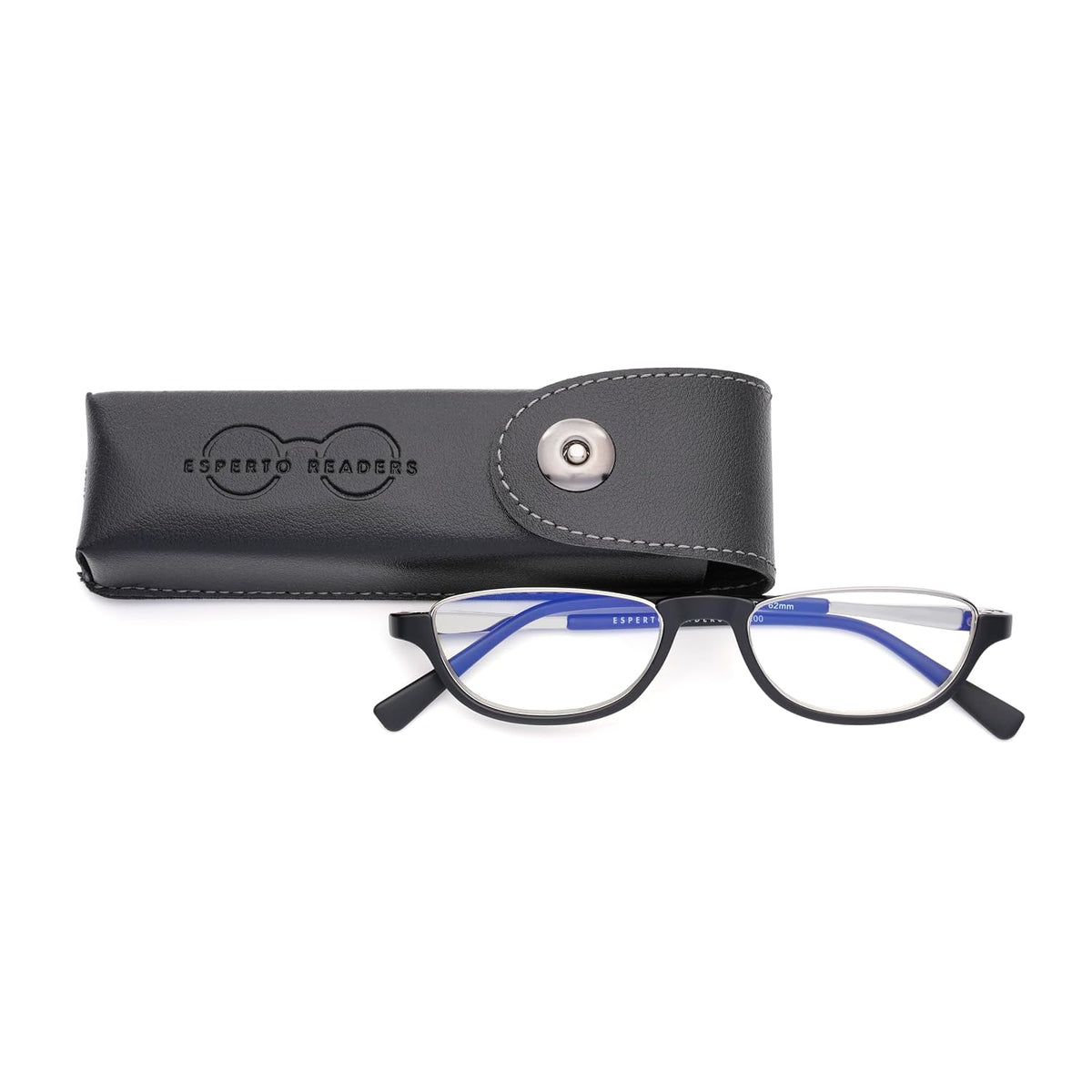 Esperto Saturn Black blue cut reading glasses, with soft carrying case