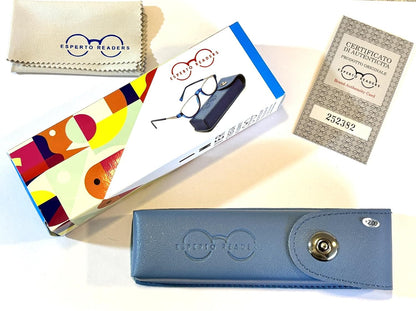 Esperto Saturn Blue blue cut reading glasses, box and accessories