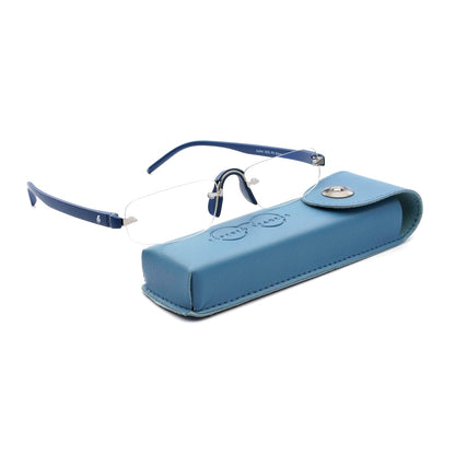 Esperto Jupiter Blue rimless blue cut reading glasses with soft carrying case