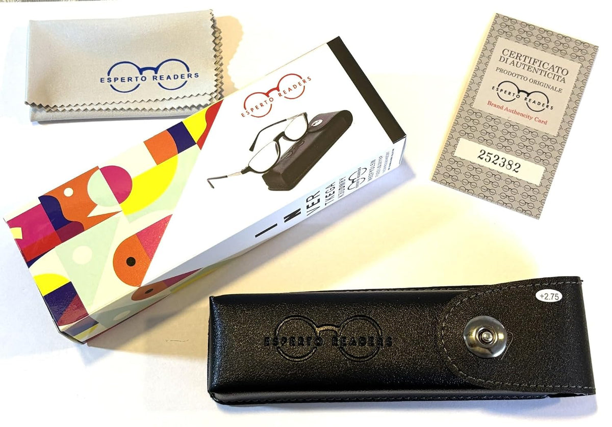 Esperto Saturn Black blue cut reading glasses, box and accessories