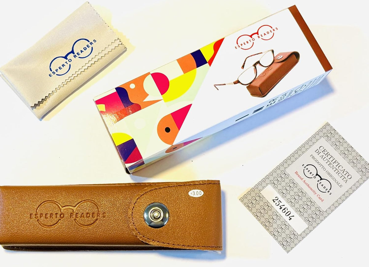Esperto Saturn Brown blue cut reading glasses, box and accessories