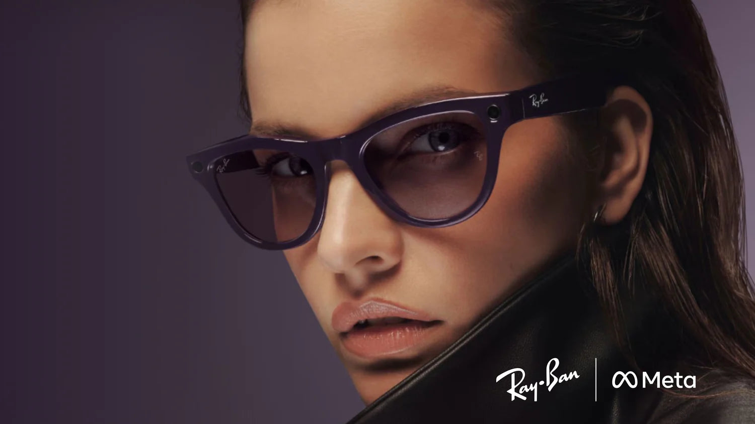 Woman wearing purple Ray-Ban Meta smart glasses