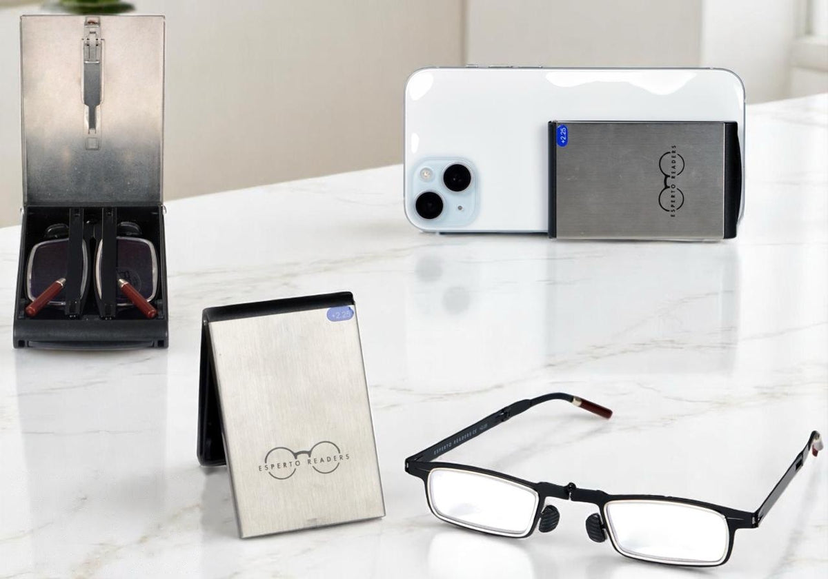 Esperto Slimfold Black foldable reading glasses with blue cut lenses and stick-on phone case